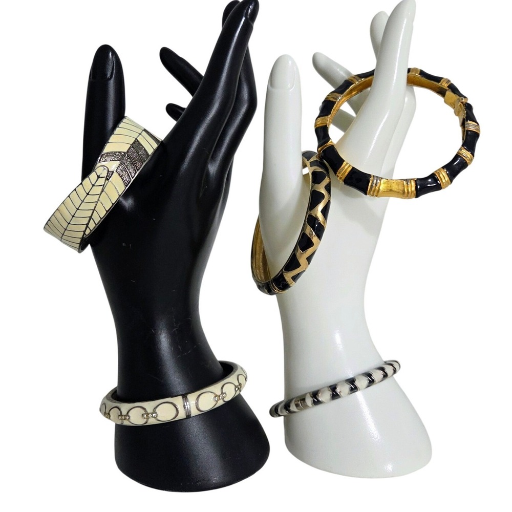 Vintage Enamel Bangle Bracelet Set 5pc Black Cream‎ Gold Geometric Bamboo Hinged